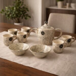 Chai Dosti Ceramic Tea Set - 9 Pieces (6 Cups, 2 Serving Plates, 1 Kettle/Teapot) | Modern Speckled Design | Ideal for Gifting & Home Decor