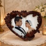 Vintage Heart-Shaped Floral Photo Frame - Antique Wood Finish Couple Picture Frame for Wedding, Anniversary, and Valentine’s Day Gift - Elegant Tabletop Decor